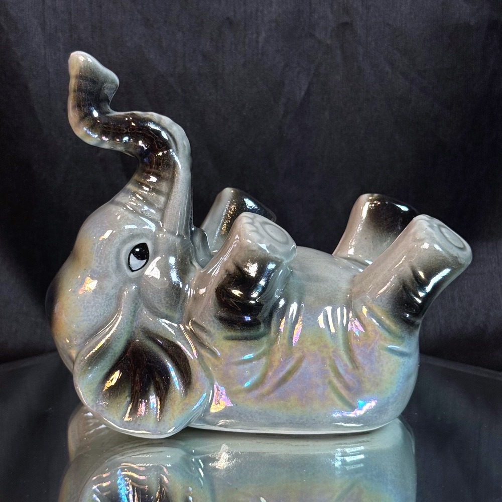 Vintage Brazilian Lusterware Elephant Figurine Iridescent Trunk Up Brazil Made